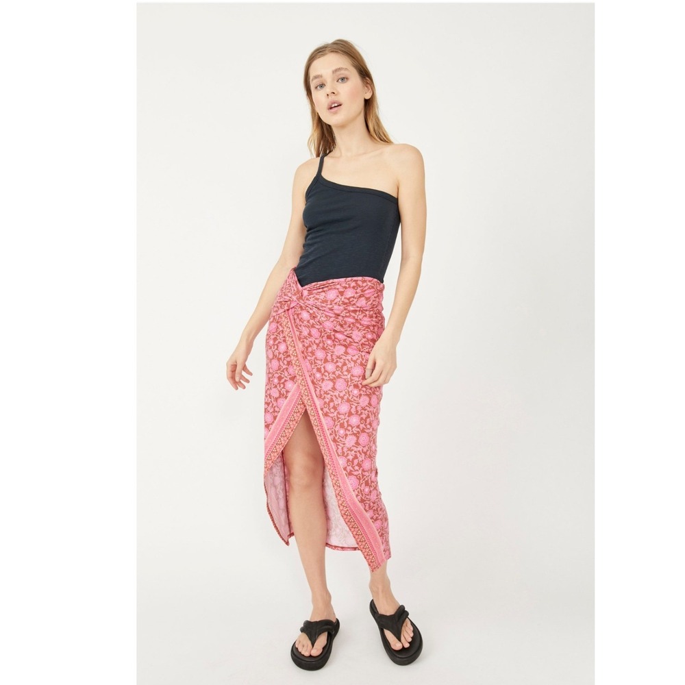 Free People Sarong It Feels Right Pink Floral Faux Wrap Skirt Twisted Knot Boho